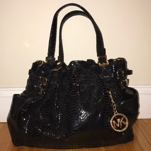 Black shiny snake skin leather tote medium